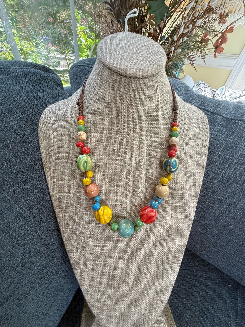 Source Unknown Multicolor Ceramic Bead Necklace - Red, Yellow, Blue, Green
